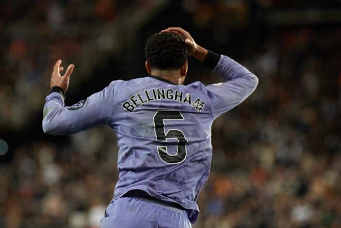 Jude Bellingham pictured looking shocked after having a late goal disallowed during Real Madrid's La Liga game at Valencia in March 2024 because the ball crossed the goal-line after the referee had blown for full-time